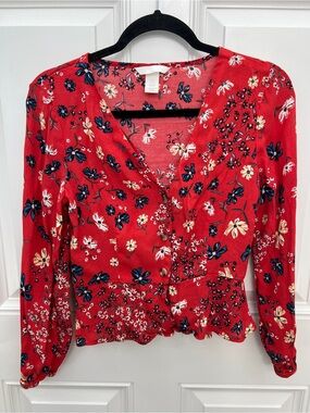 HM Red Floral Button Front Peplum Blouse Long Sleeve V-Neck Top‎ Size 6